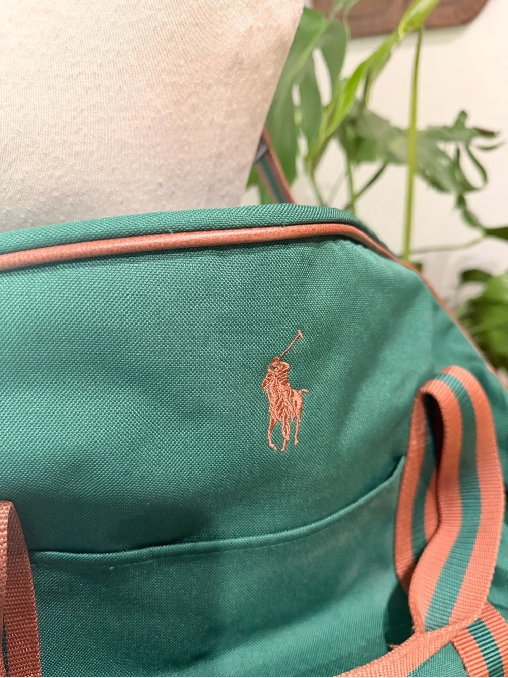 Polo Ralph Lauren Green Canvas Duffle Bag Leather Trim
